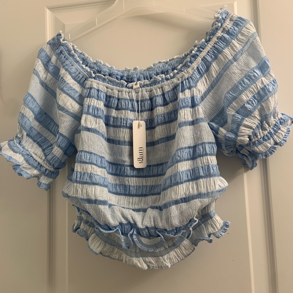 Glam Blue and White Puff Sleeve Smocked Blouse
